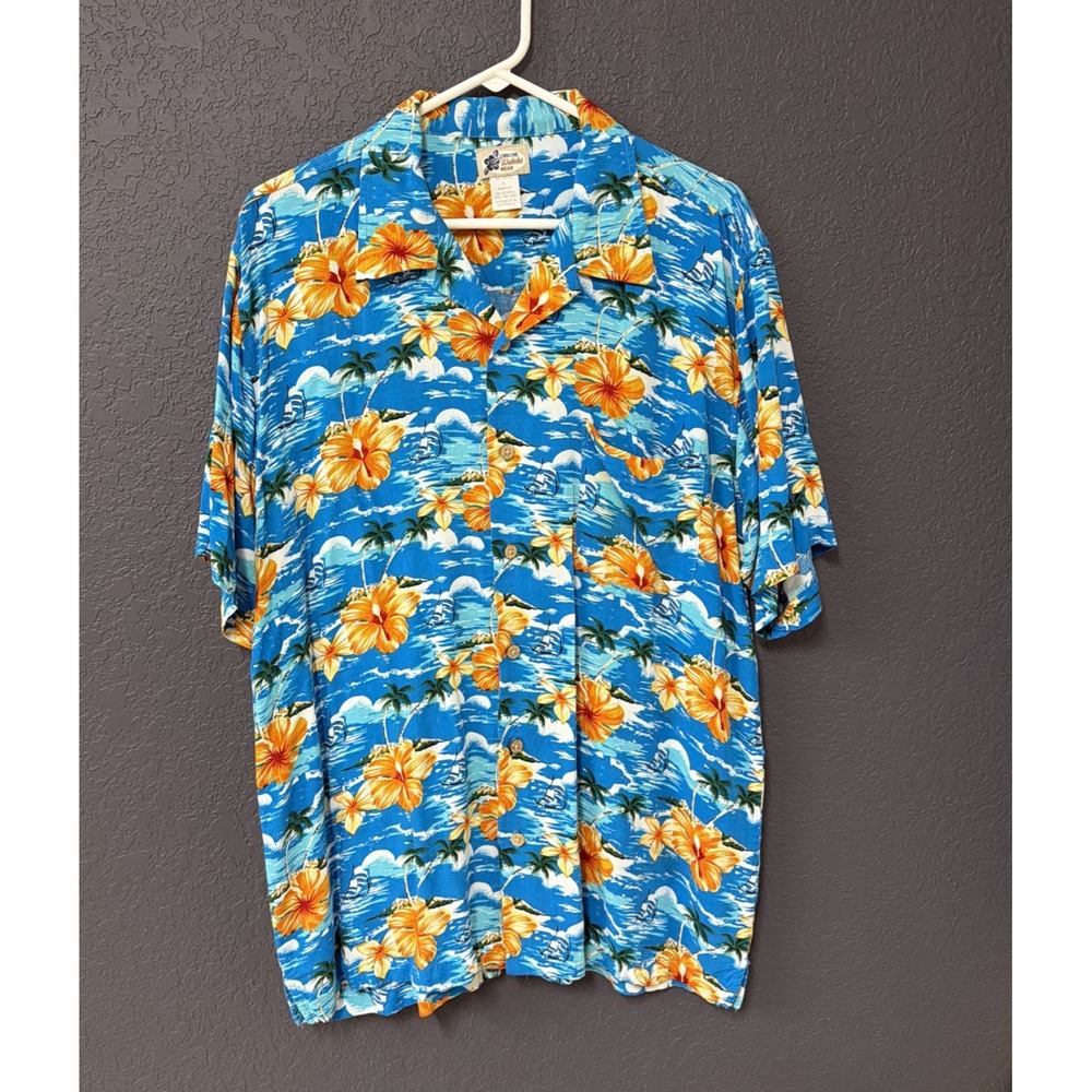Vintage Cherokee Waikiki Wear Men's L Bright Hibiscus shirt with coconut button